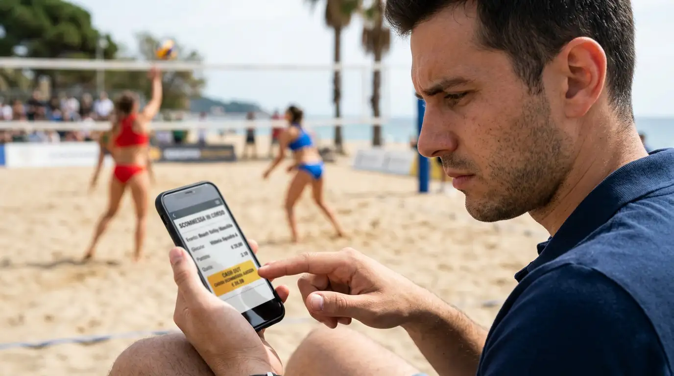 Scommettitore valuta il cash out su una partita di beach volley dallo smartphone