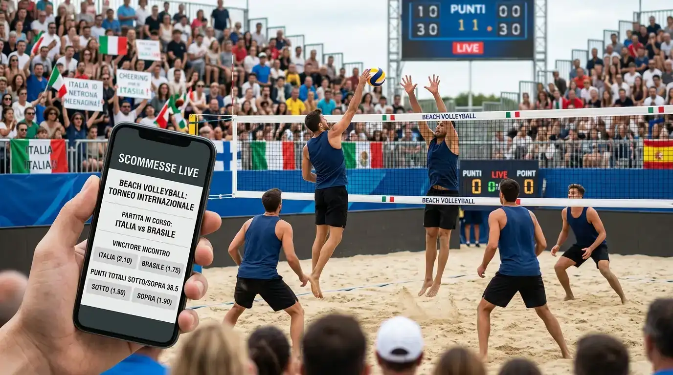 Campo di beach volley maschile gremito di pubblico durante una tappa internazionale