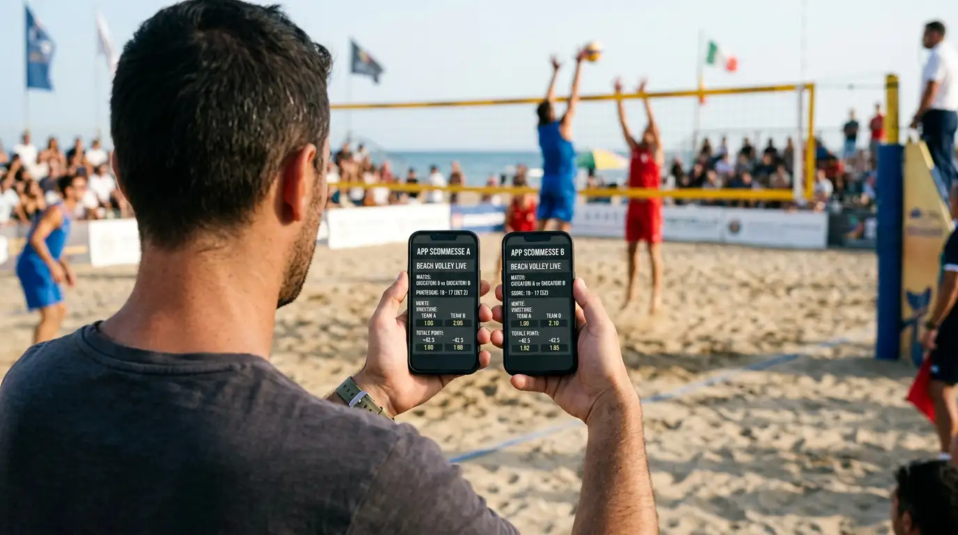 Scommettitore confronta le quote di beach volley su più siti dallo smartphone