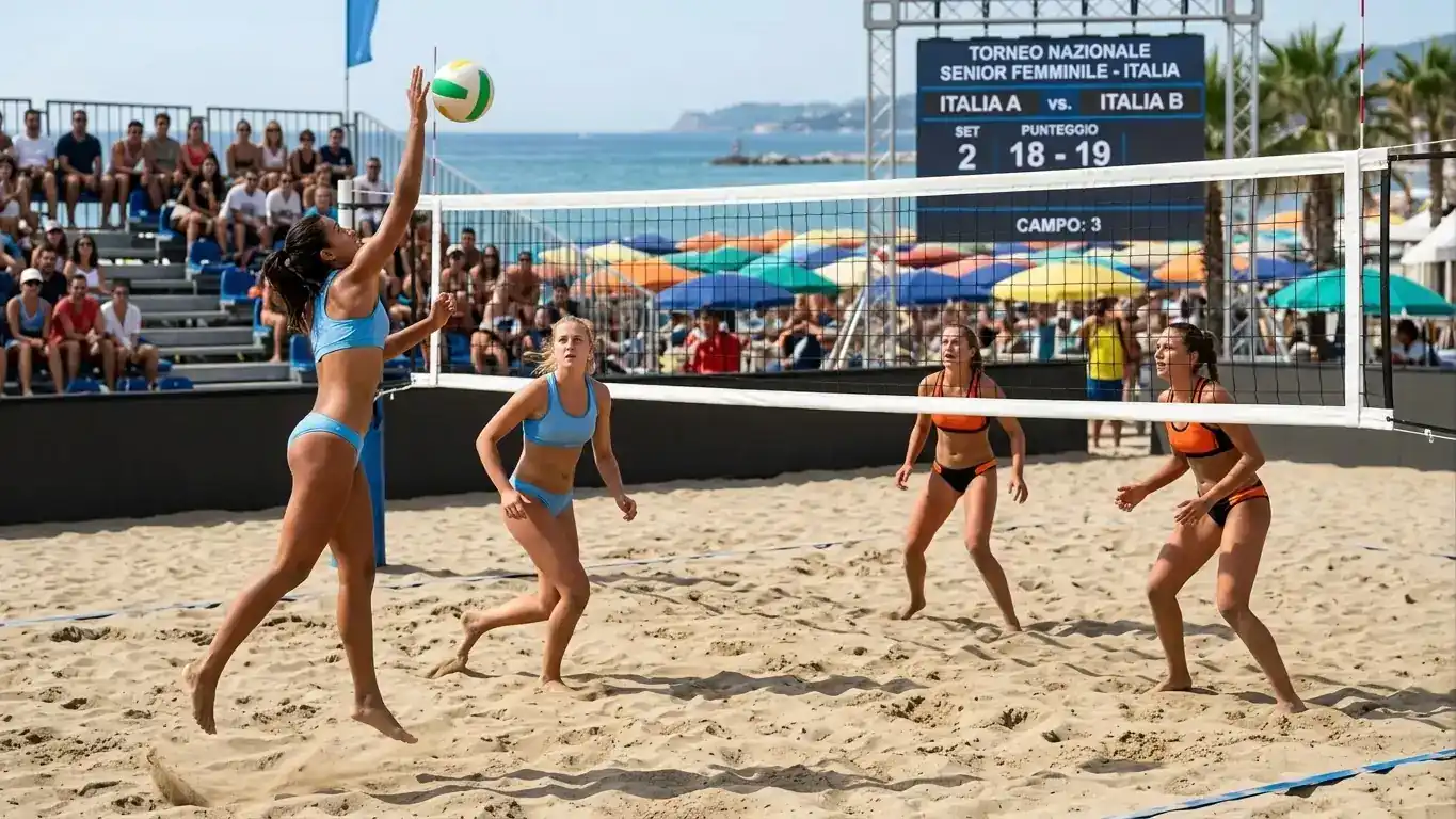 Giovane coppia italiana di beach volley femminile durante un torneo nazionale sulla sabbia