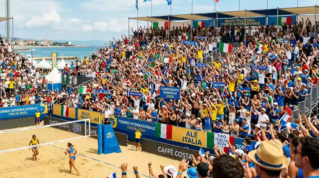 Tribune gremite di spettatori durante un torneo internazionale di beach volley