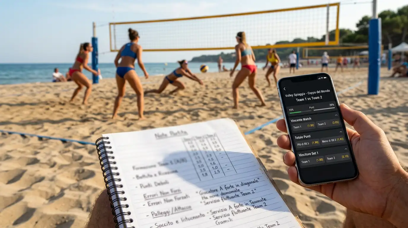 Taccuino con quote di beach volley annotate a mano a bordo campo sulla sabbia