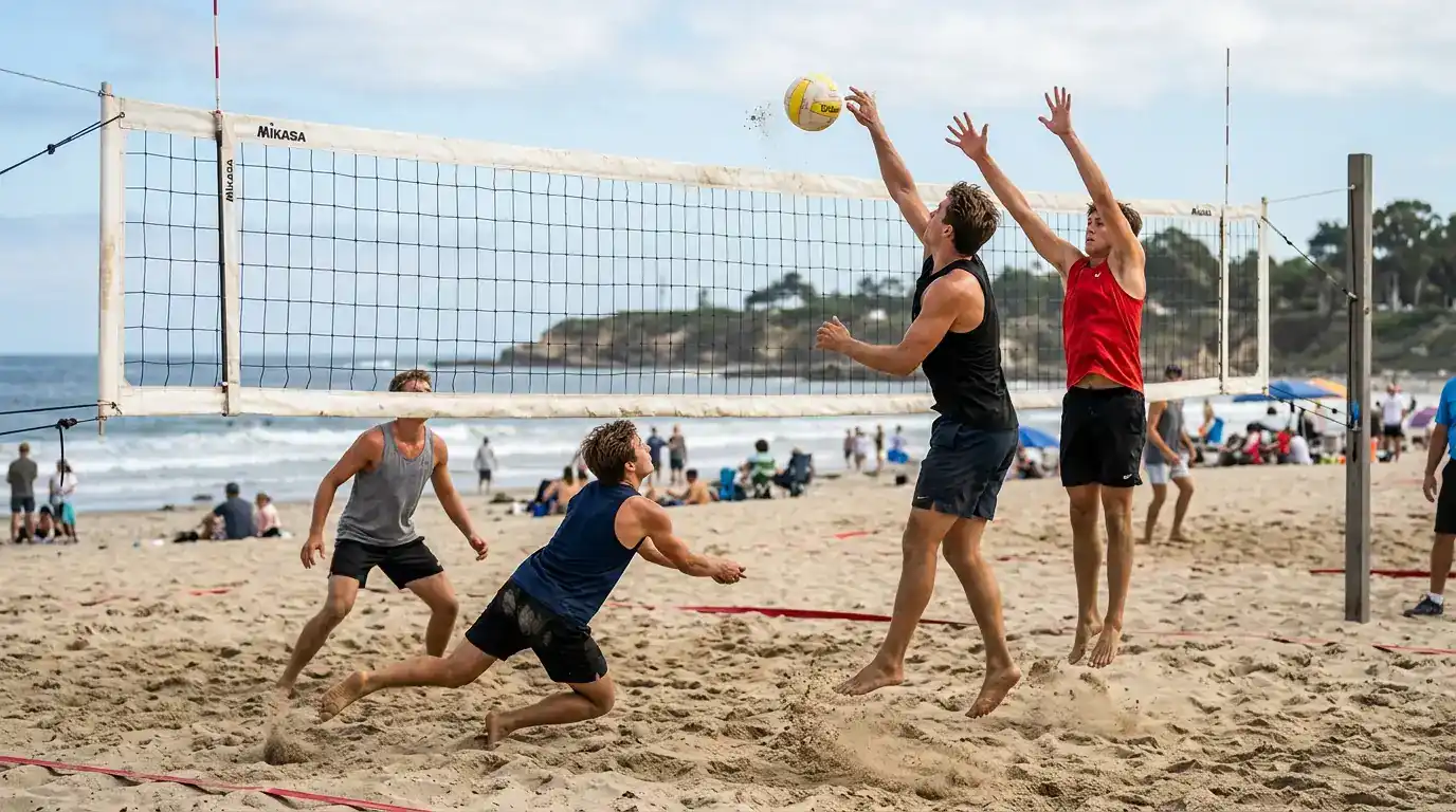 Due coppie maschili di beach volley si affrontano sotto rete su un campo di sabbia