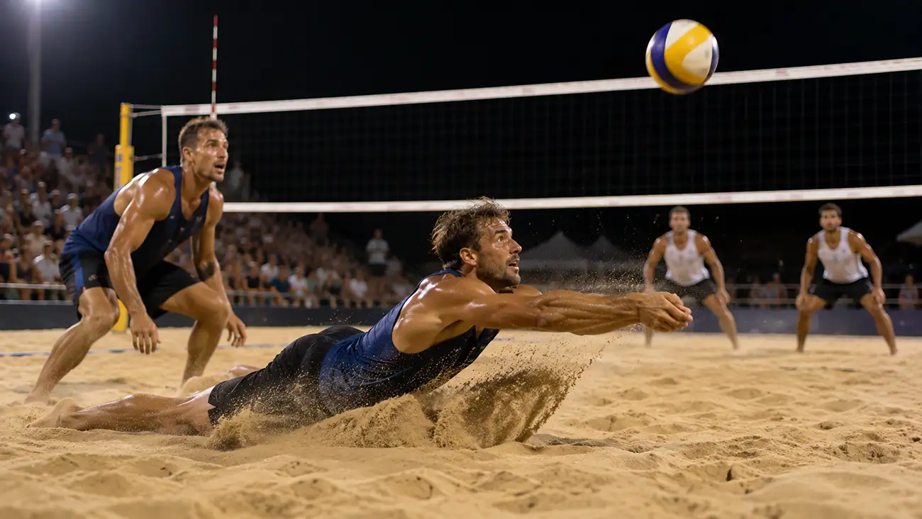 Coppia di beach volley conquista un punto chiave durante una partita in diretta