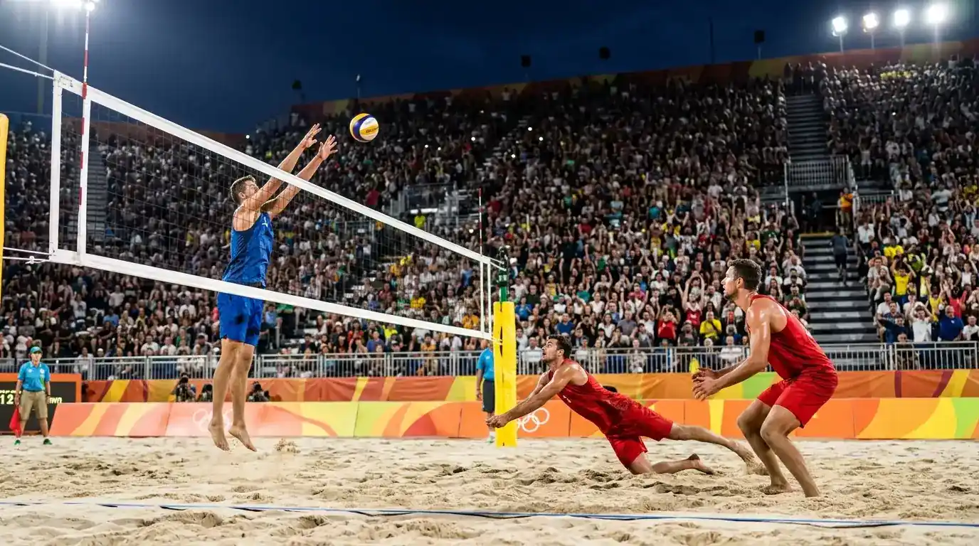 Stadio gremito durante una finale olimpica di beach volley sulla sabbia