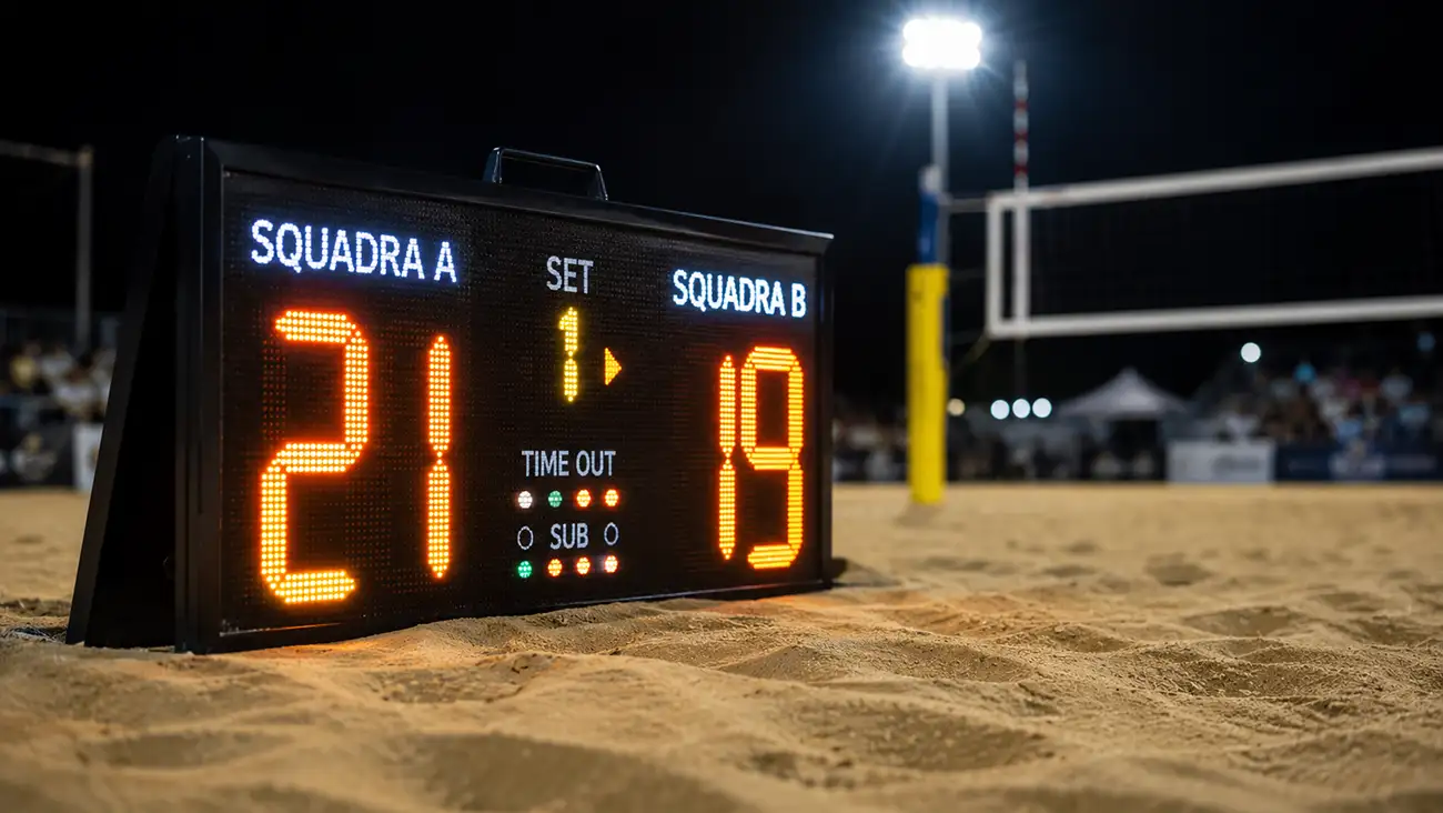 Tabellone luminoso con il punteggio di un set di beach volley durante un torneo serale