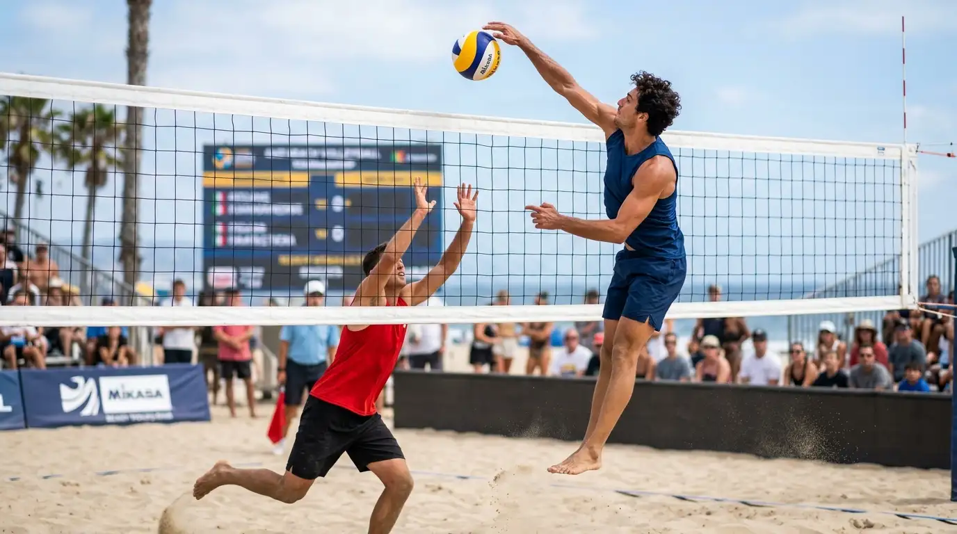 Giocatore di beach volley schiaccia contro un avversario in difficoltà, handicap di set