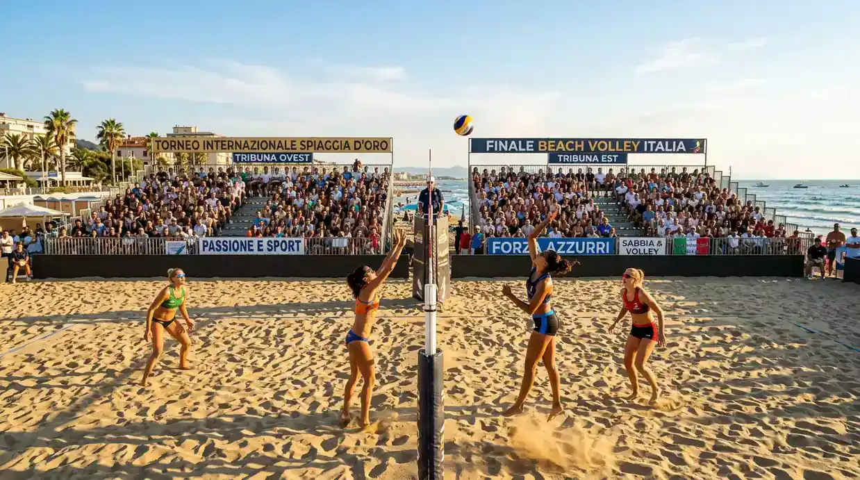 Campo da beach volley sulla sabbia con coppie in gara durante un torneo del Beach Pro Tour
