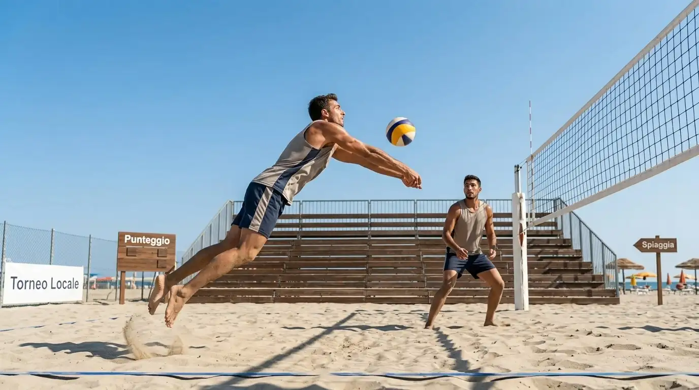 Coppia di beach volley in azione durante un torneo di nicchia sulla sabbia