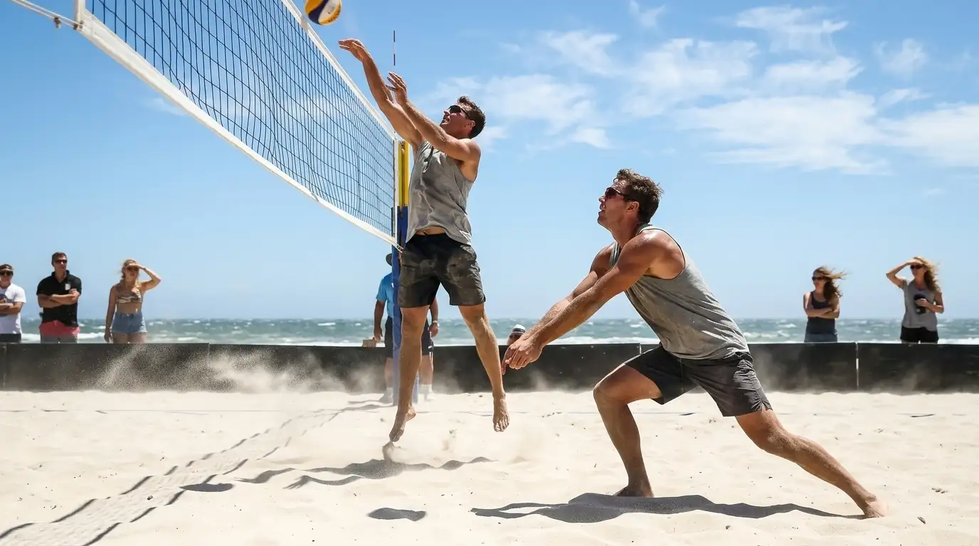 Giocatori di beach volley sotto il sole con sabbia mossa dal vento in campo