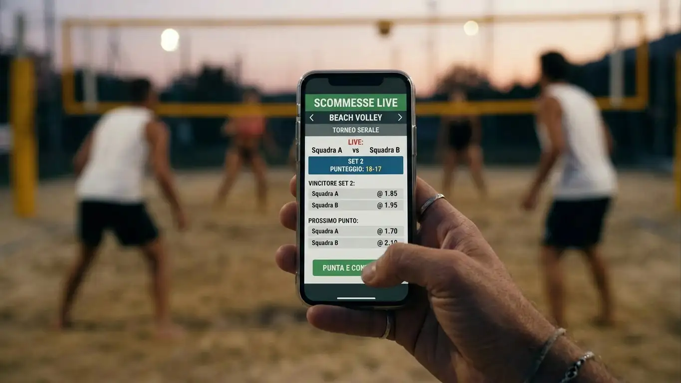 Mano che piazza una scommessa live su una partita di beach volley dallo smartphone