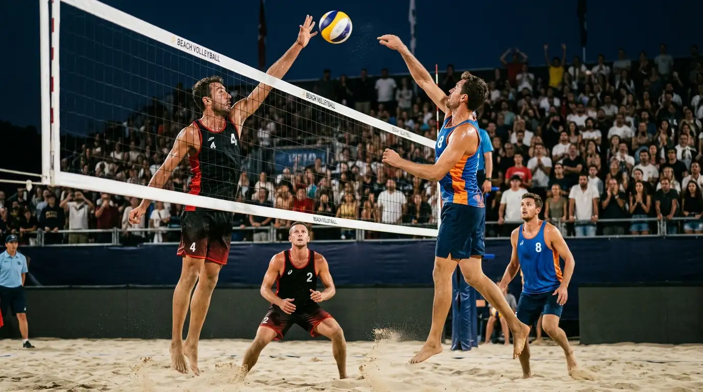 Tie-break decisivo di una partita di beach volley con coppie in tensione sulla sabbia