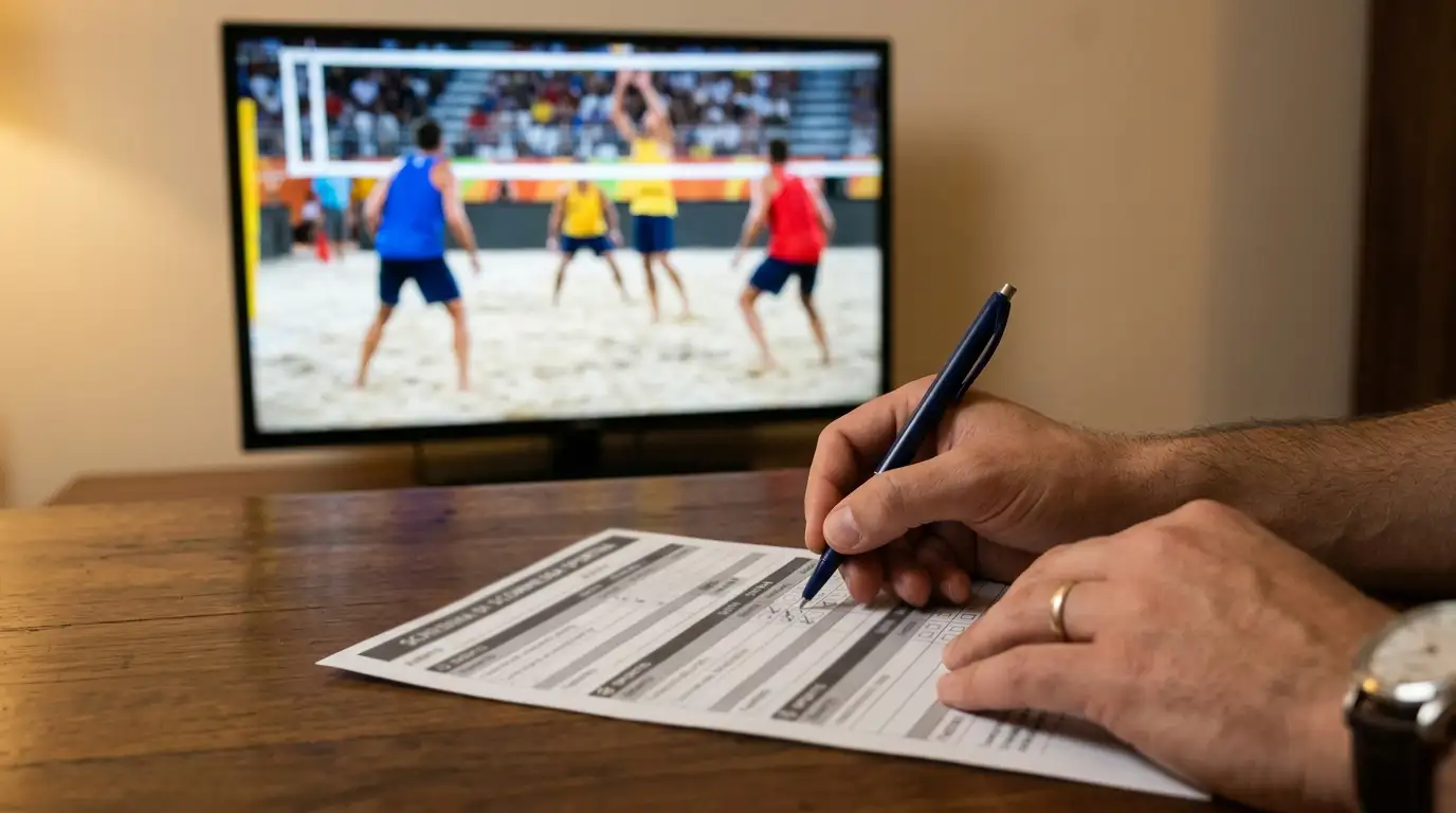 Mano che compila una schedina multipla su un torneo di beach volley