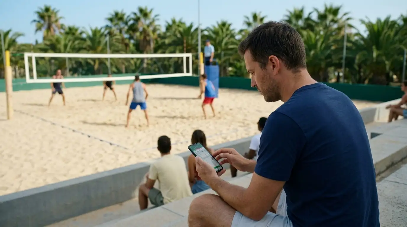 Scommettitore confronta le quote di una partita di beach volley sullo smartphone