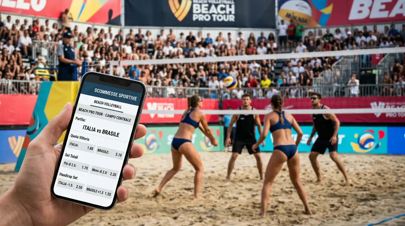 Campo centrale di una tappa del Beach Pro Tour con le tribune piene di pubblico