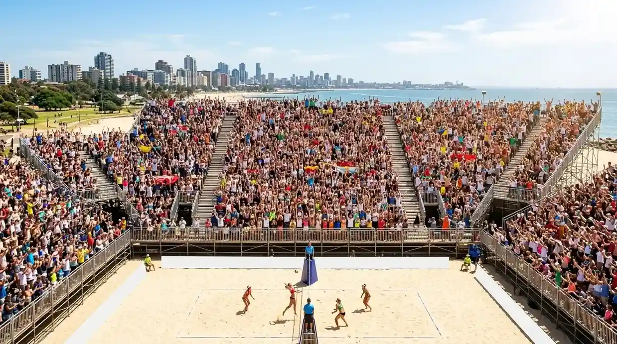 Tribune affollate a un torneo di beach volley, sport di nicchia in crescita