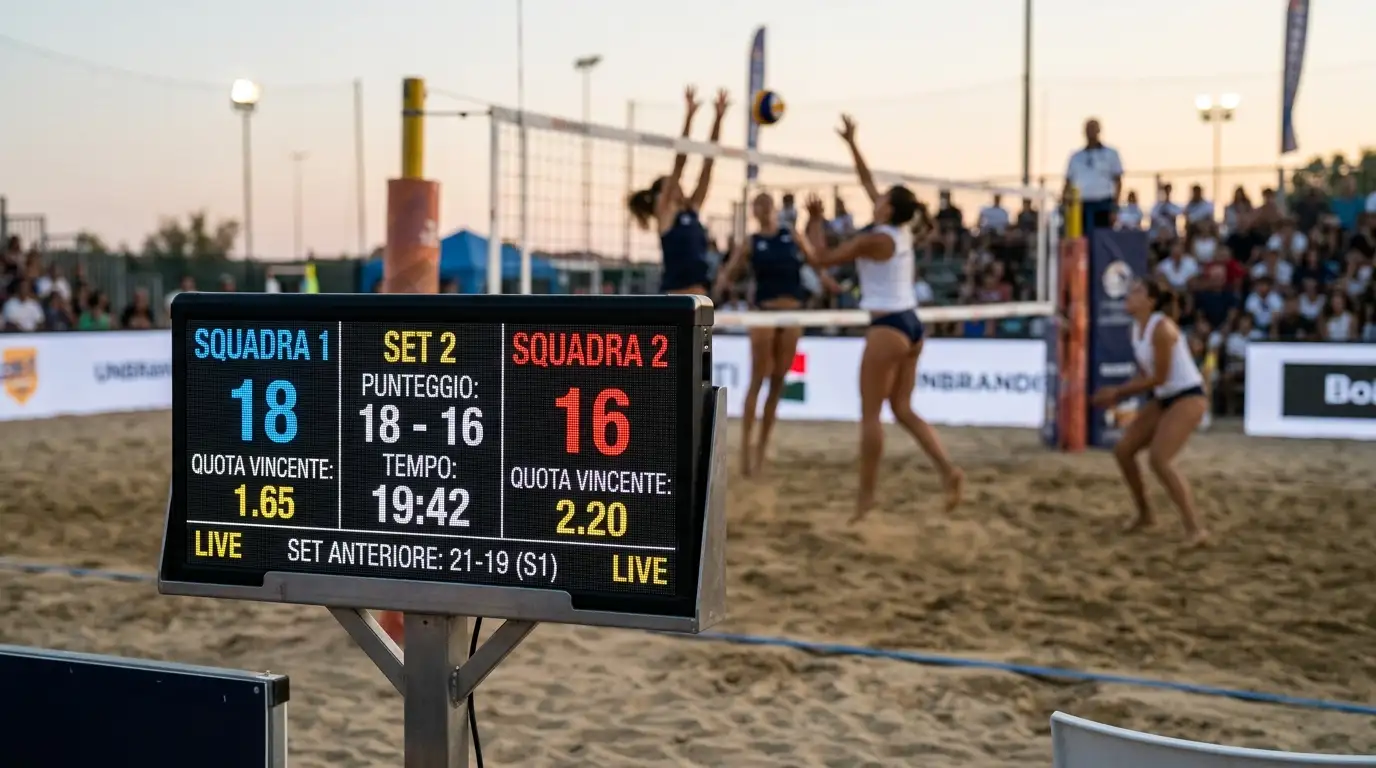 Tabellone con le quote che cambiano durante un set di beach volley sulla sabbia