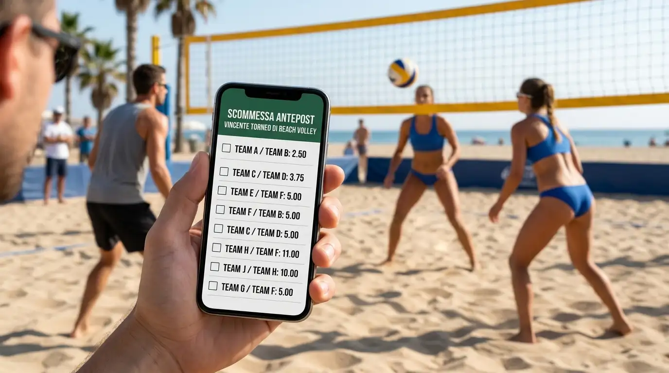 Smartphone con la scommessa antepost su un vincente di torneo di beach volley