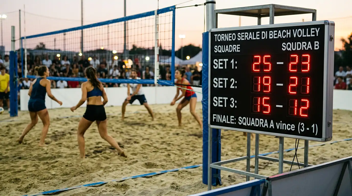 Tabellone di una partita di beach volley con il punteggio dei set sulla sabbia