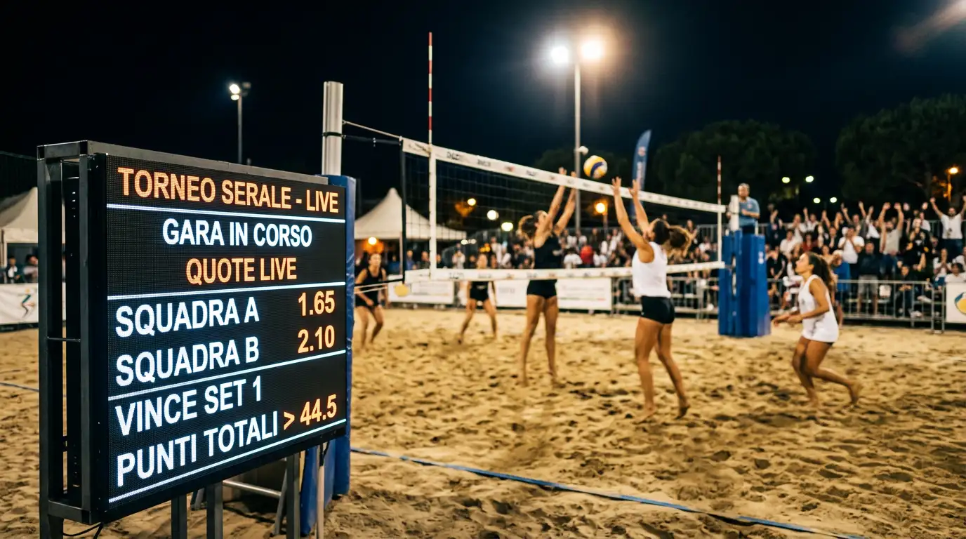 Partita di beach volley trasmessa in diretta con tabellone delle quote live a bordo campo