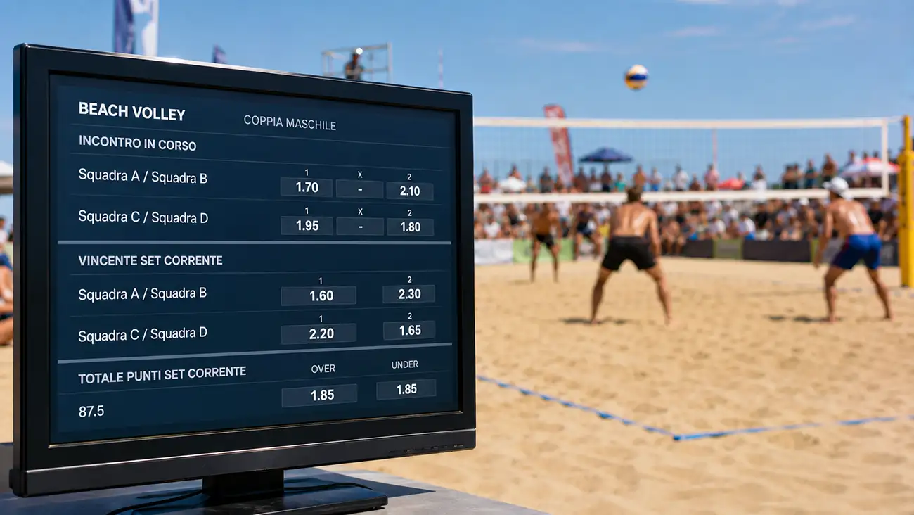 Schermo con i coefficienti decimali di una partita di beach volley sulla sabbia