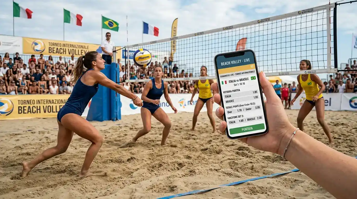 Coppia di beach volley in azione su un campo di sabbia in una tappa internazionale
