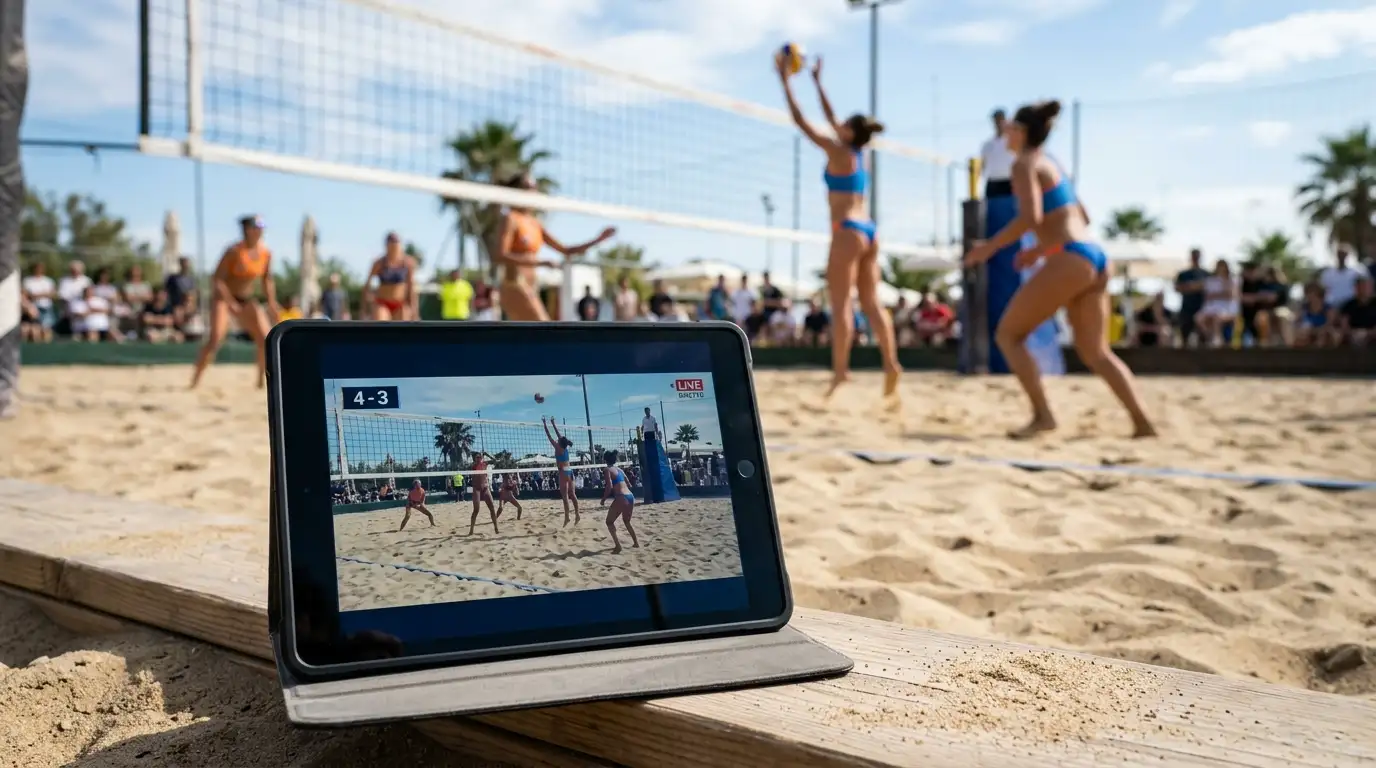 Partita di beach volley seguita in streaming su un dispositivo a bordo campo