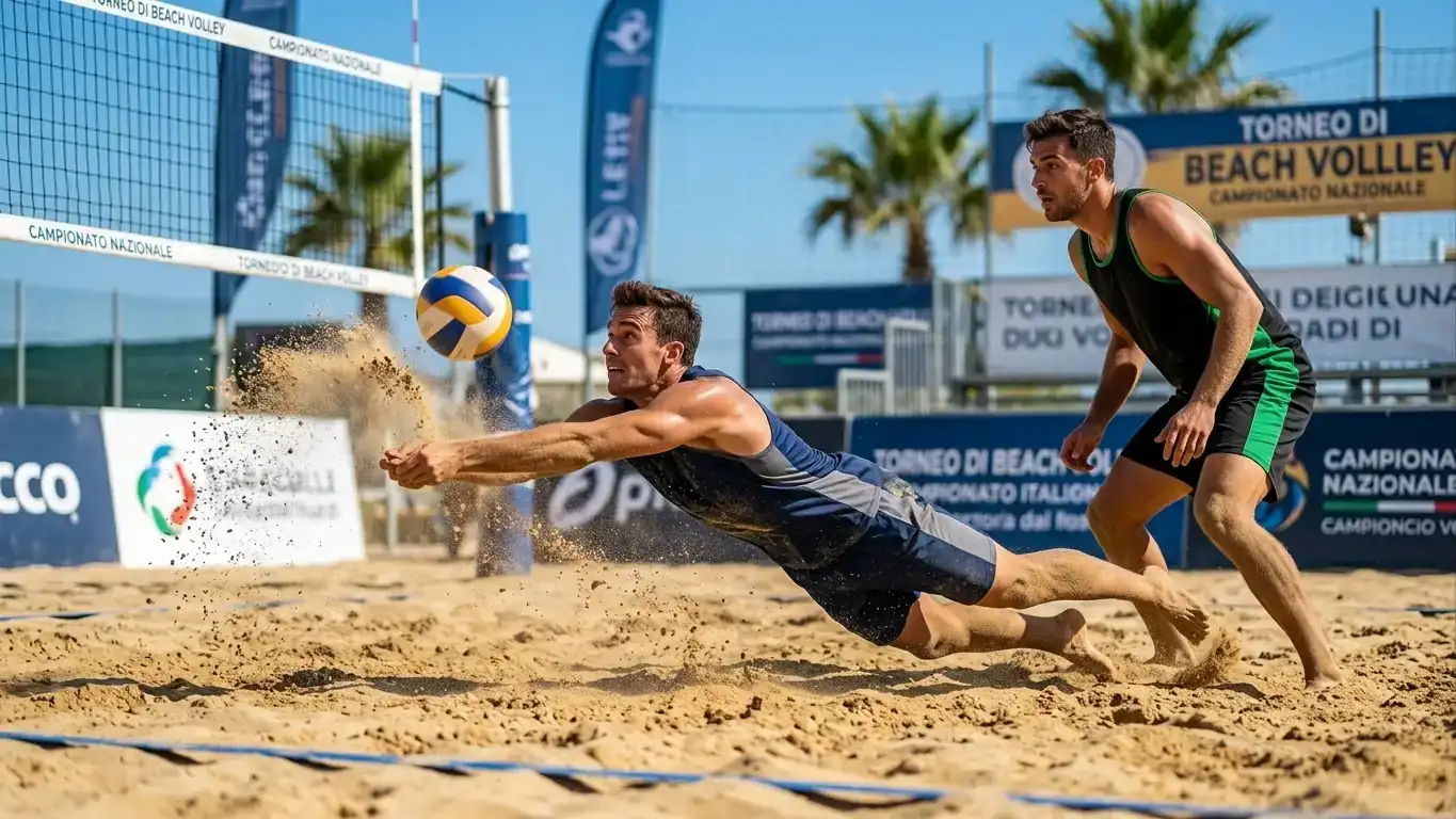 Coppia di beach volley in azione sulla sabbia durante una tappa del Beach Pro Tour