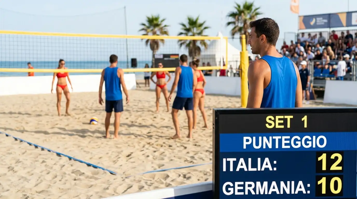 Giocatore di beach volley osserva il tabellone prima dell'inizio del torneo
