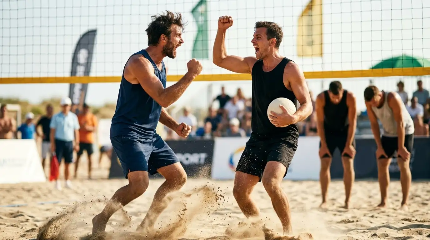 Coppia di beach volley sottovalutata festeggia un punto in un torneo sulla sabbia